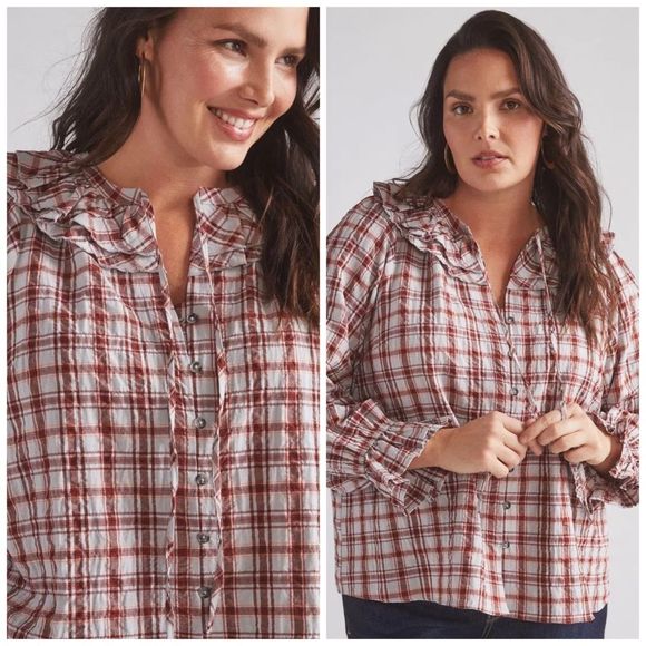 Anthropologie Maeve Ruffled Plaid Buttondown Red Mottif NWT M - Picture 3 of 12